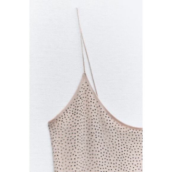 Zara Blush Pink Tulle Midi Dress with Rhinestones Spaghetti Straps Size Small - Picture 10 of 11